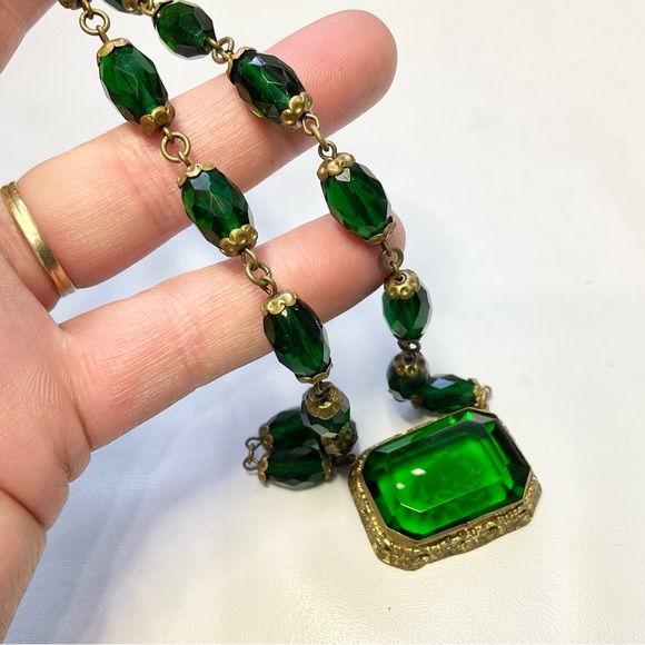 Art Deco Czech Glass Rose Reverse Carved Choker Necklace Signed Czechoslovakia - Picture 10 of 11